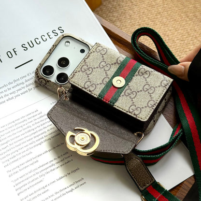 Luxury Leather GG iPhone Case With Wallet And Crossbody Strap For iPhone 17 Series-CYGG026