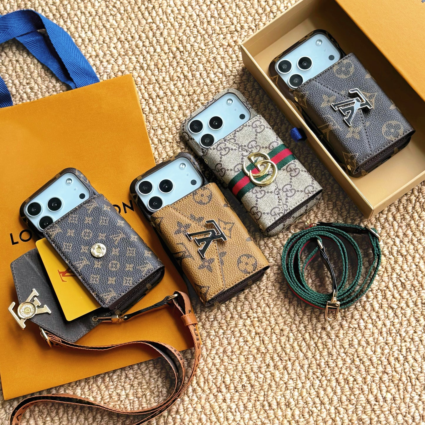 Luxury Leather GG iPhone Case With Wallet And Crossbody Strap For iPhone 17 Series-CYGG026