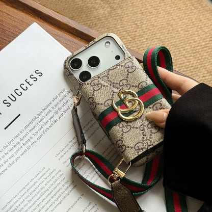Luxury Leather GG iPhone Case With Wallet And Crossbody Strap For iPhone 17 Series-CYGG026