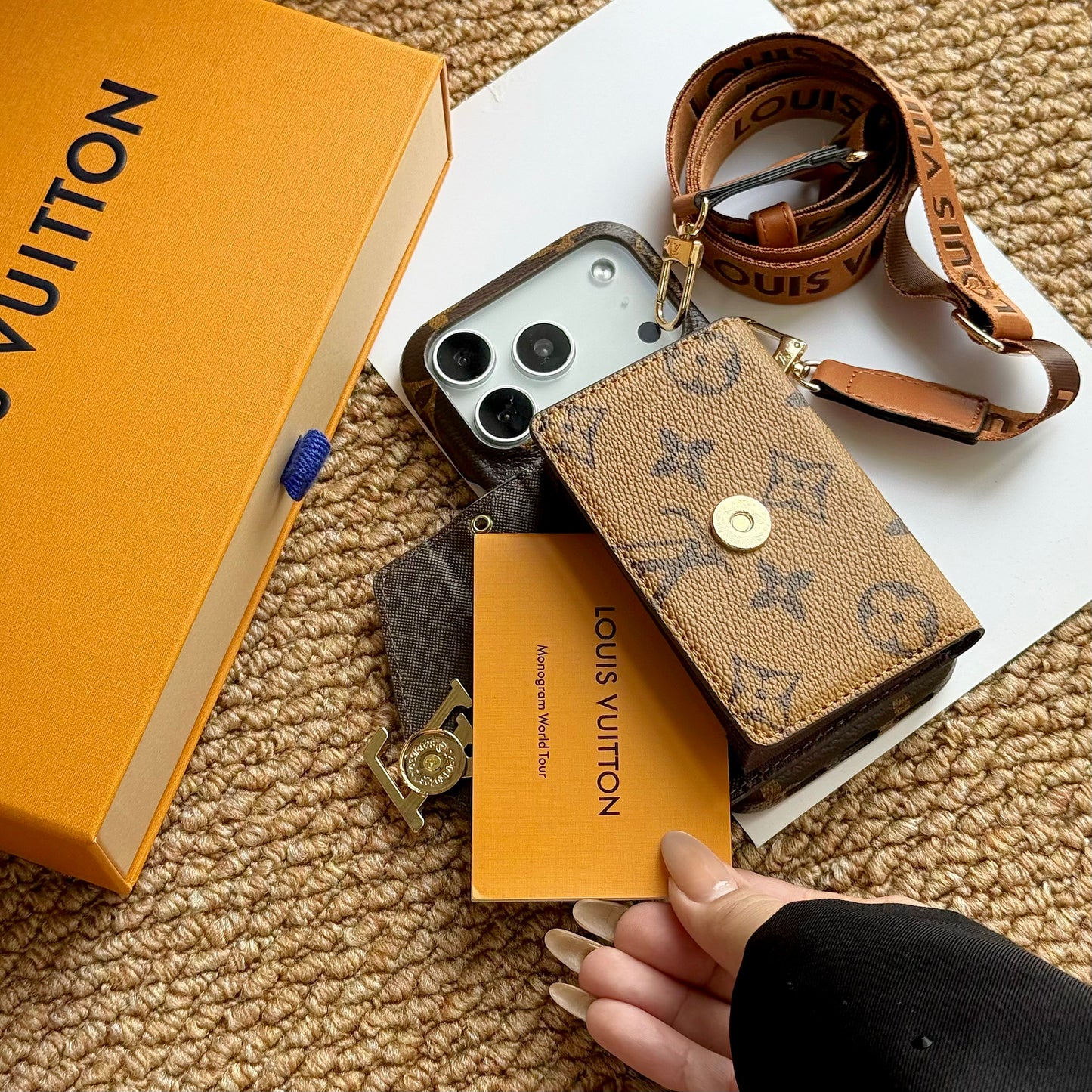 Stylish Leather Monogram iPhone Case With Card Holder And Strap For iPhone 17 Series-CYLV027