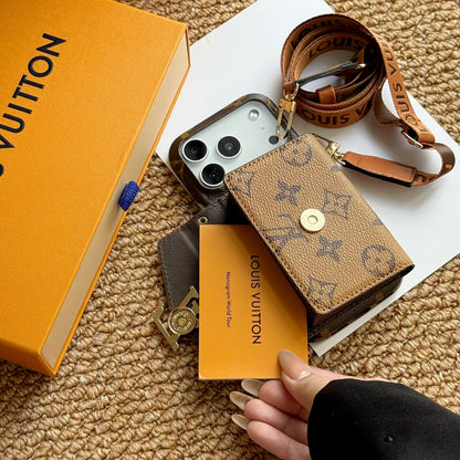 Stylish Leather Monogram iPhone Case With Card Holder And Strap For iPhone 17 Series-CYLV027