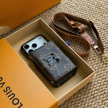 Stylish Leather Monogram iPhone Case With Card Holder And Strap For iPhone 17 Series-CYLV027