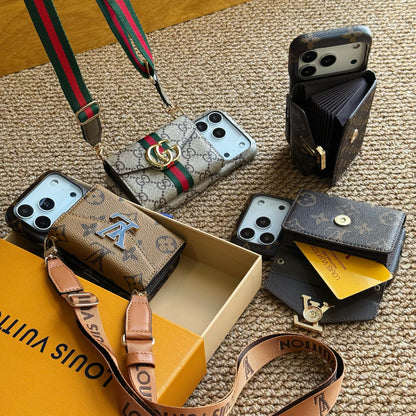 Stylish Leather Monogram iPhone Case With Card Holder And Strap For iPhone 17 Series-CYLV027