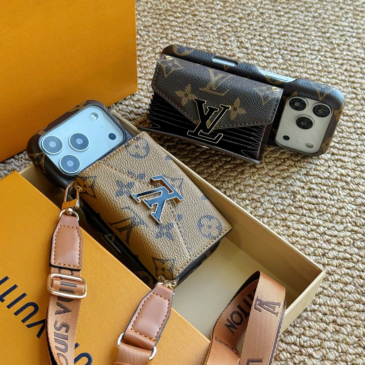 Stylish Leather Monogram iPhone Case With Card Holder And Strap For iPhone 17 Series-CYLV027