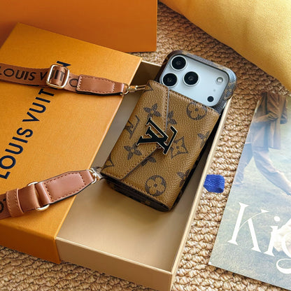 Stylish Leather Monogram iPhone Case With Card Holder And Strap For iPhone 17 Series-CYLV027