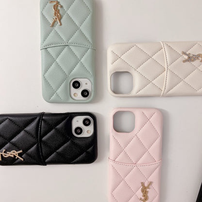 Leather YL iPhone Case With Card Holder Case Pink-LZW240606
