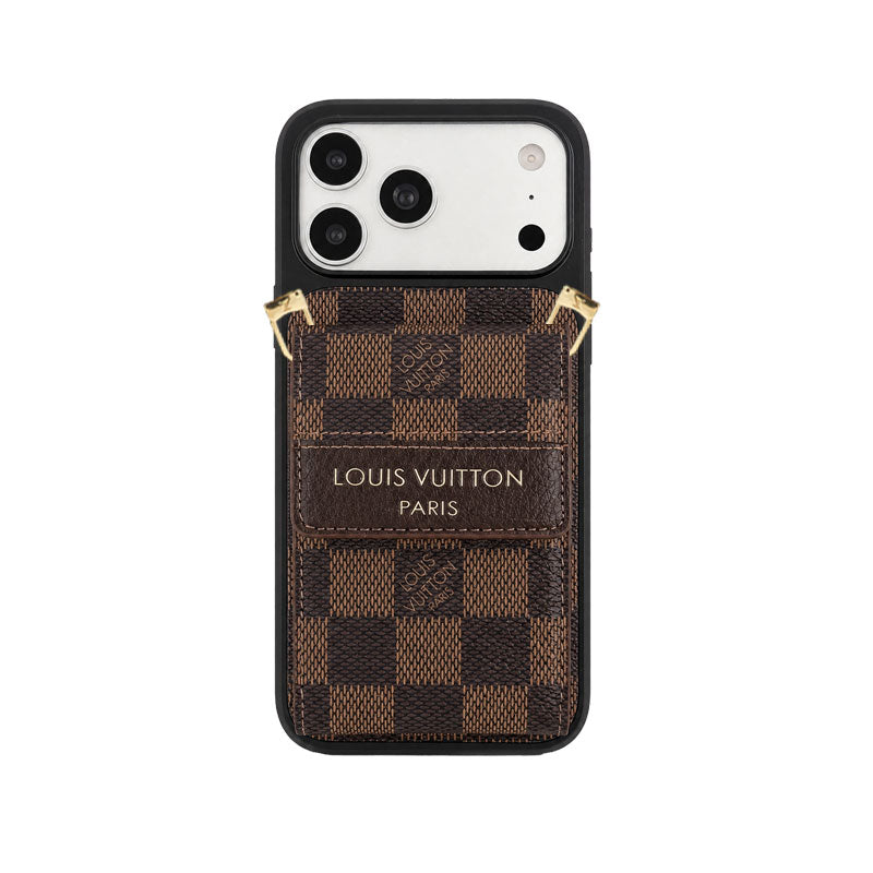 Luxury Leather Monogram iPhone Case With Card Holder And Crossbody Strap For iPhone 17 Series-CYLV214