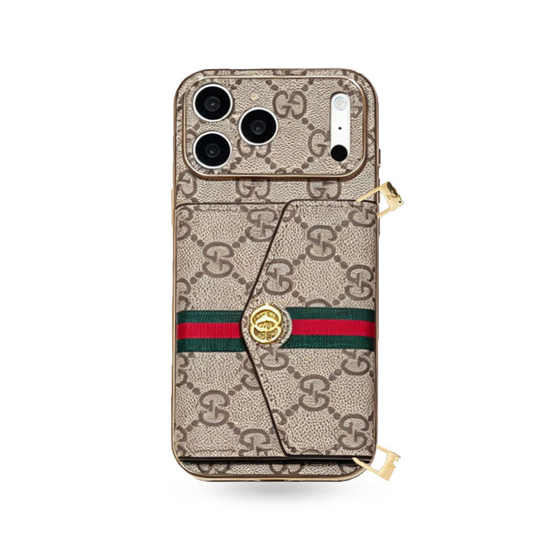 Elegant  Leather GG iPhone Case With Card Wallet And Crossbody Strap For iPhone 17 Series-CYGG149