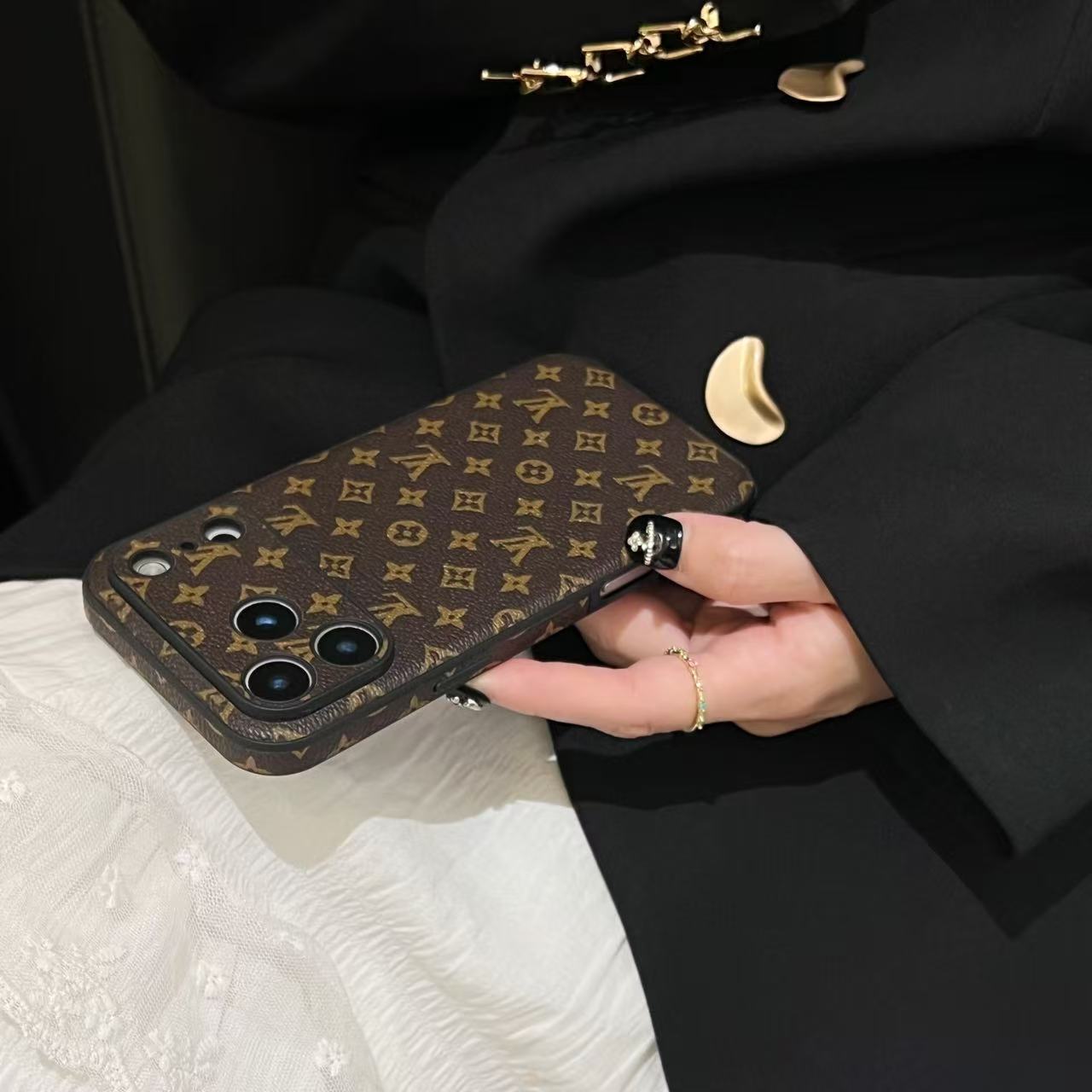 Black Leather Monogram iPhone Case For iPhone 17 Series-CRK251450