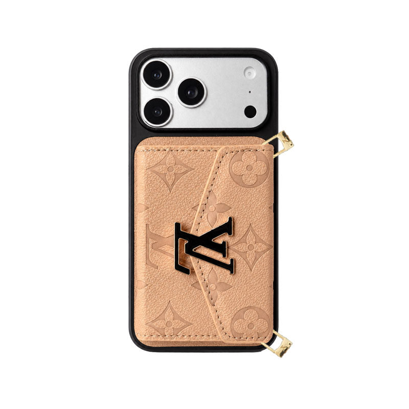 Premium Leather Monogram iPhone Case With  Card Holder And Crossbody Strap For iPhone 17 Series-CYLV215