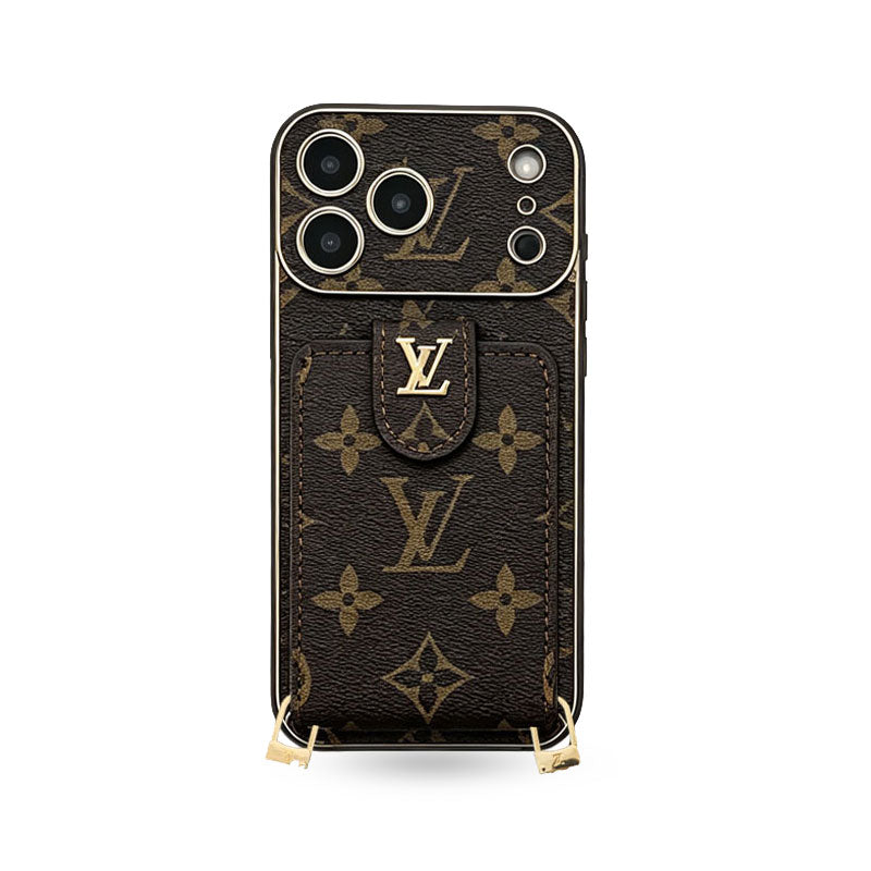 Luxury  Leather Monogram iPhone Case With Card Wallet And Crossbody Strap For iPhone 17 Series-CYLV143