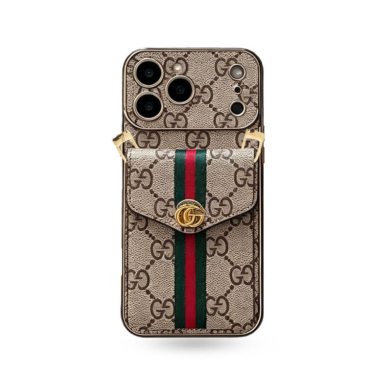 Premium  Leather GG iPhone Case With Card Wallet And Crossbody Strap For iPhone 17 Series-CYGG144