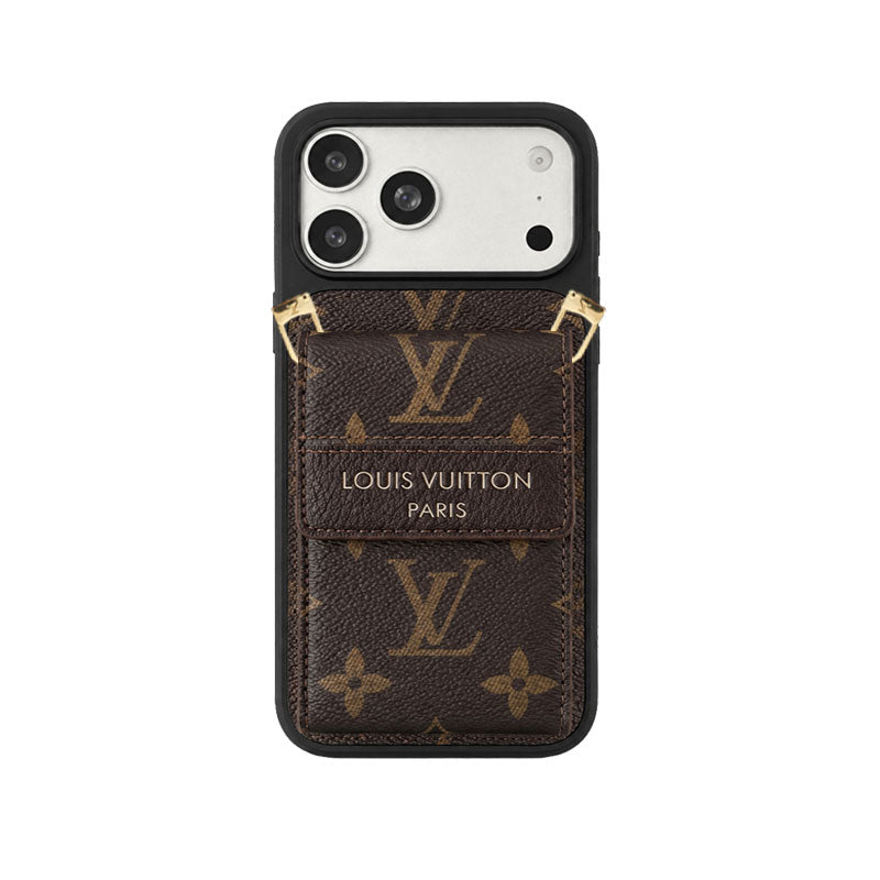 Luxury Leather Monogram iPhone Case With Card Holder And Crossbody Strap For iPhone 17 Series-CYLV214