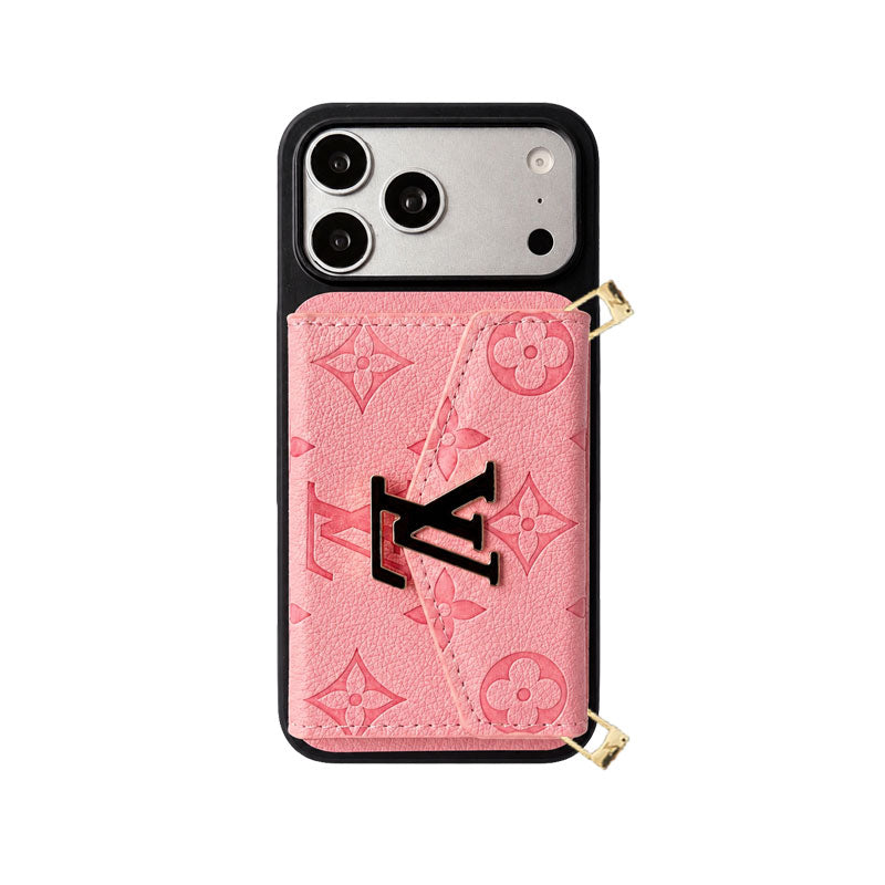 Premium Leather Monogram iPhone Case With  Card Holder And Crossbody Strap For iPhone 17 Series-CYLV215