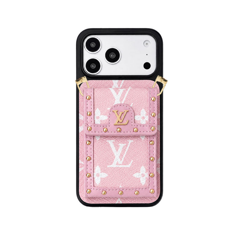 Premium Leather Monogram iPhone Case With Card Holder And Crossbody Strap For iPhone 17 Series-CYLV211