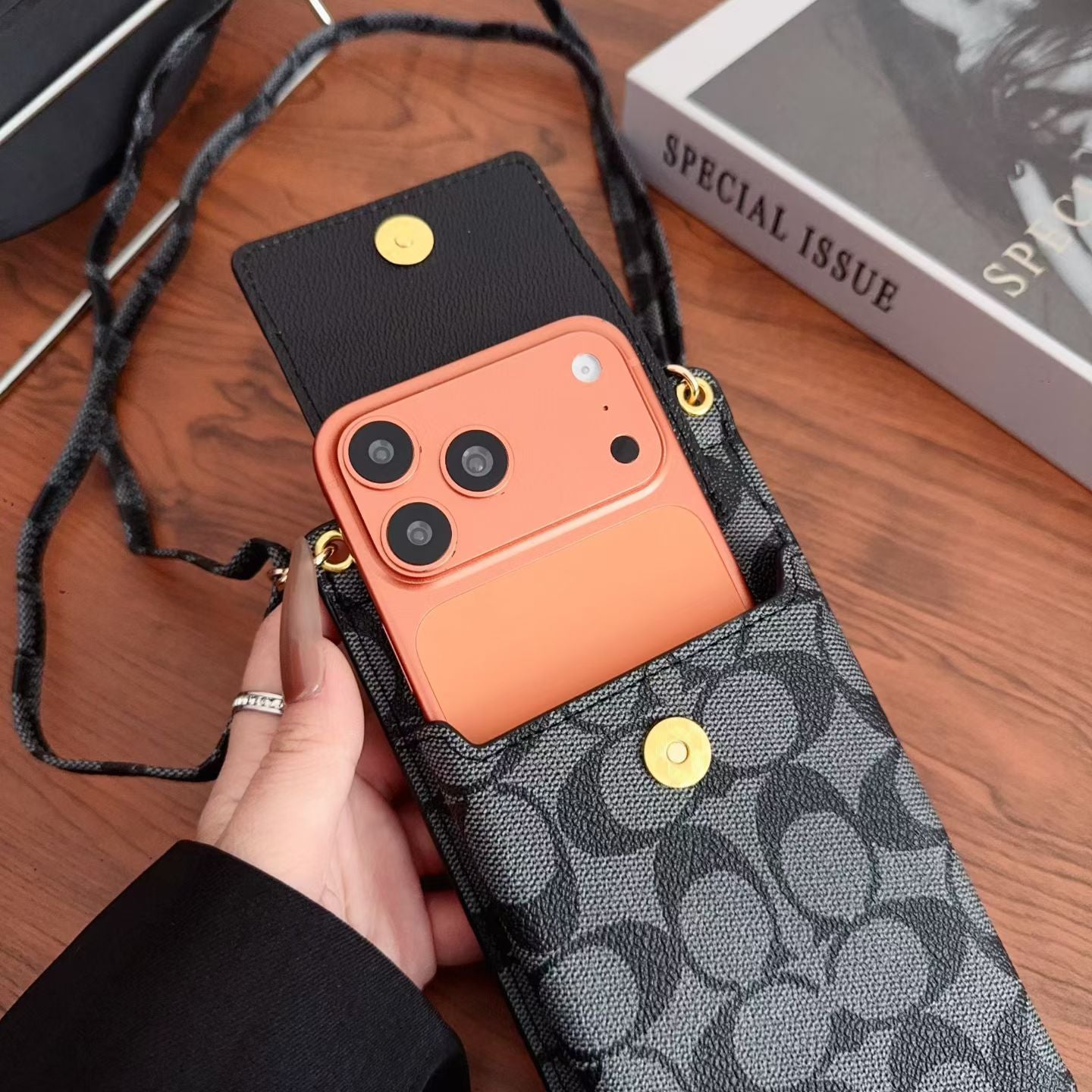 Elegant Leather CH iPhone Case With Wallet And Crossbody Strap For iPhone 17 Series-CYCH177