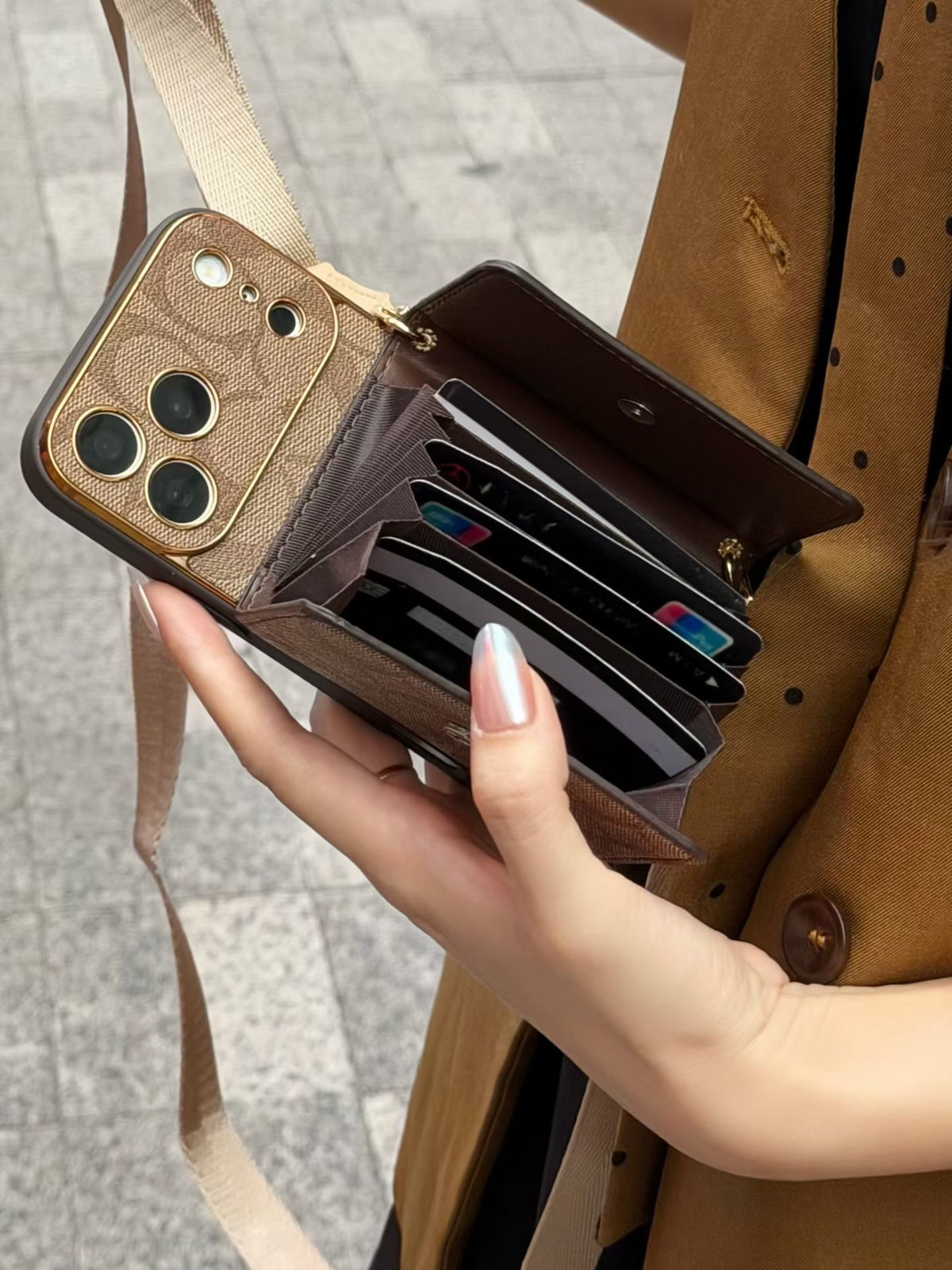Premium Leather CH iPhone Case With Wallet And Crossbody Strap For iPhone 17 Series-CYCH206