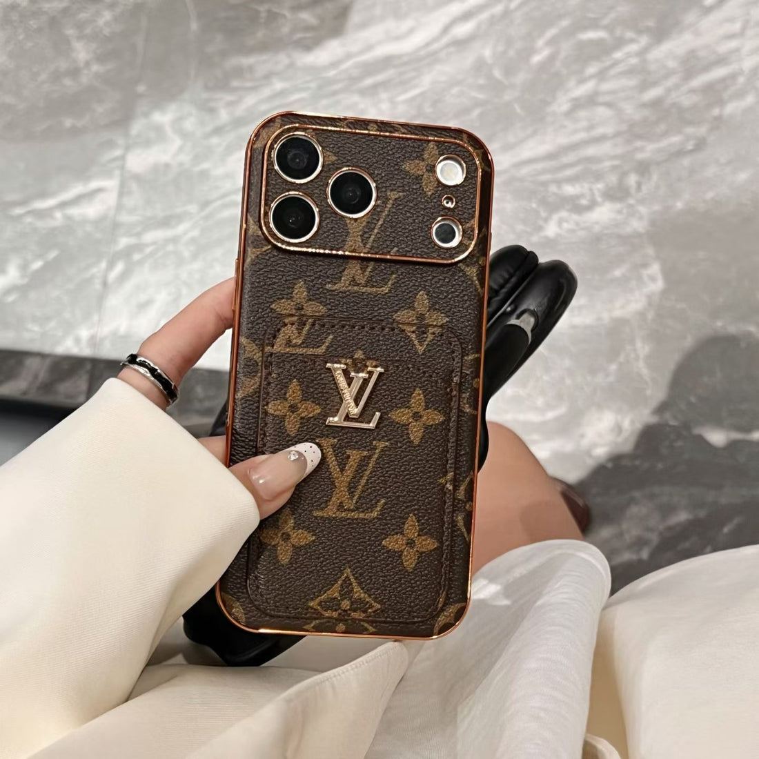 Elegant Leather Monogram iPhone Case With Card Holder For iPhone 17 Series-CYLV208