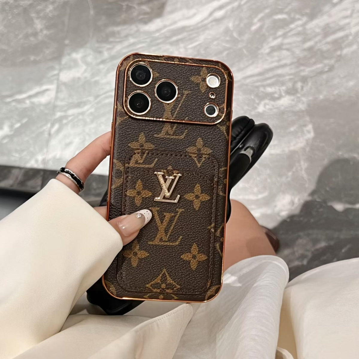 Elegant Leather Monogram iPhone Case With Card Holder For iPhone 17 Series-CYLV208