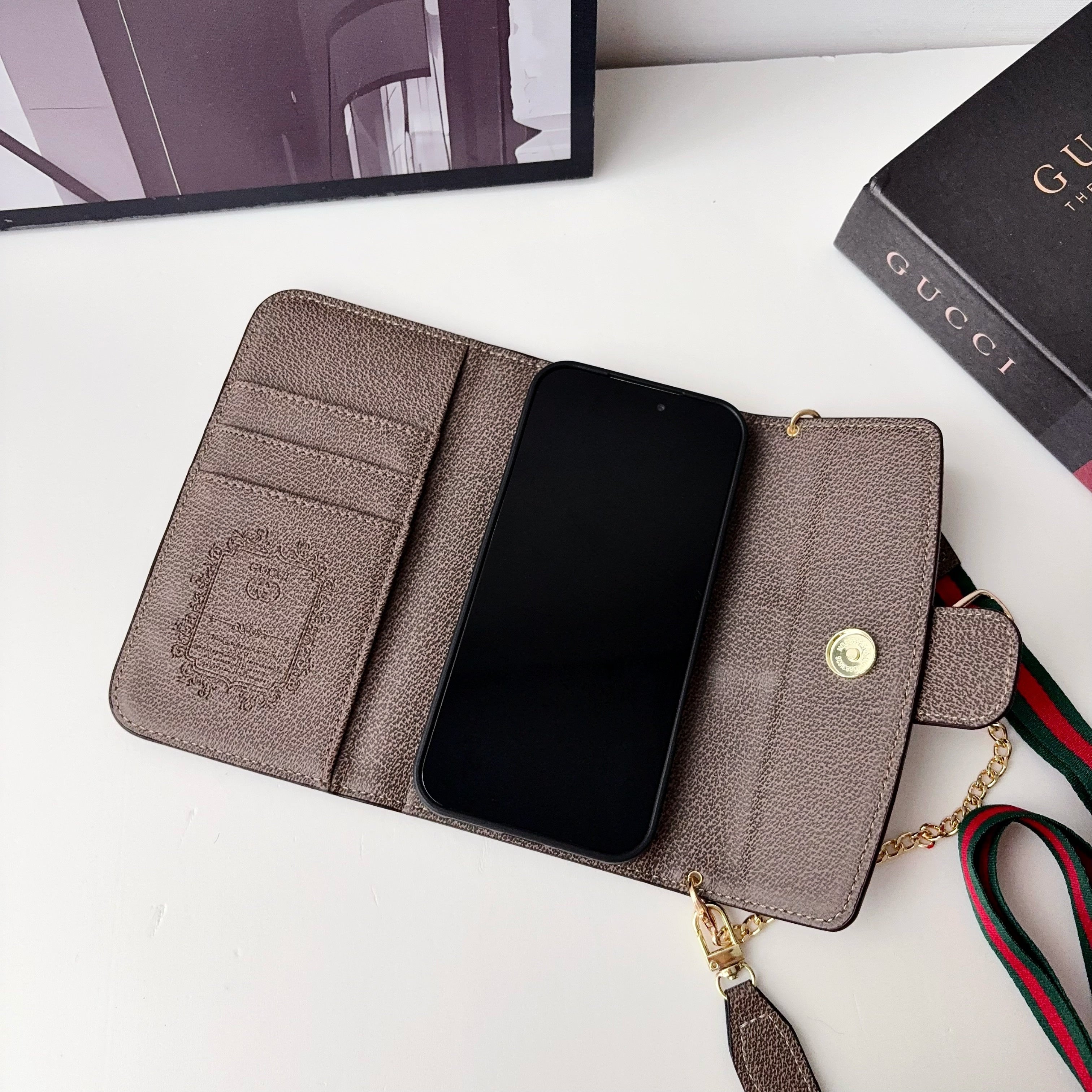 Classic Leather GG iPhone Case With Flip Wallet And Crossbody Strap-CYGG191