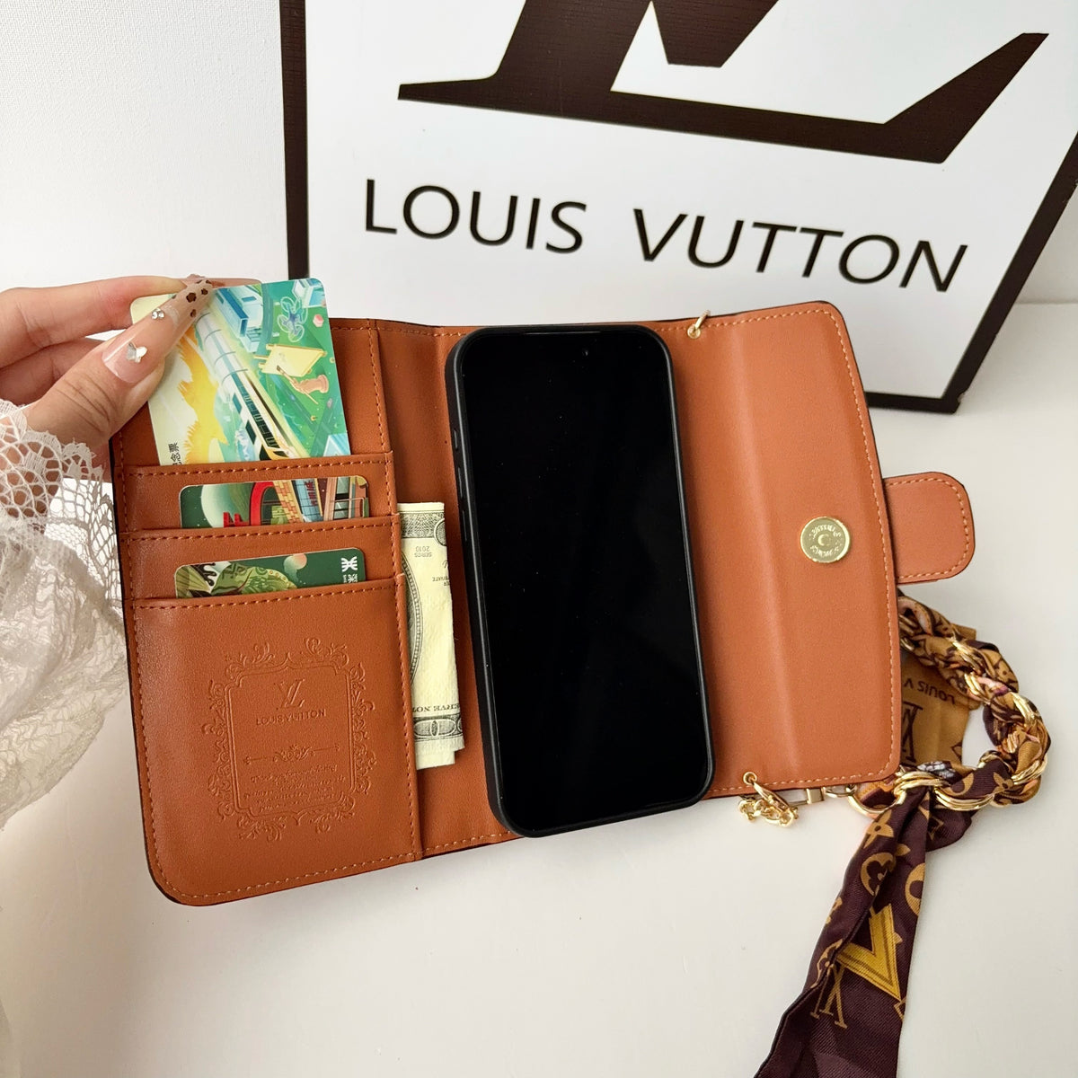 High-quality Leather Monogram iPhone Case With Flip Wallet And Chain-CYLV192