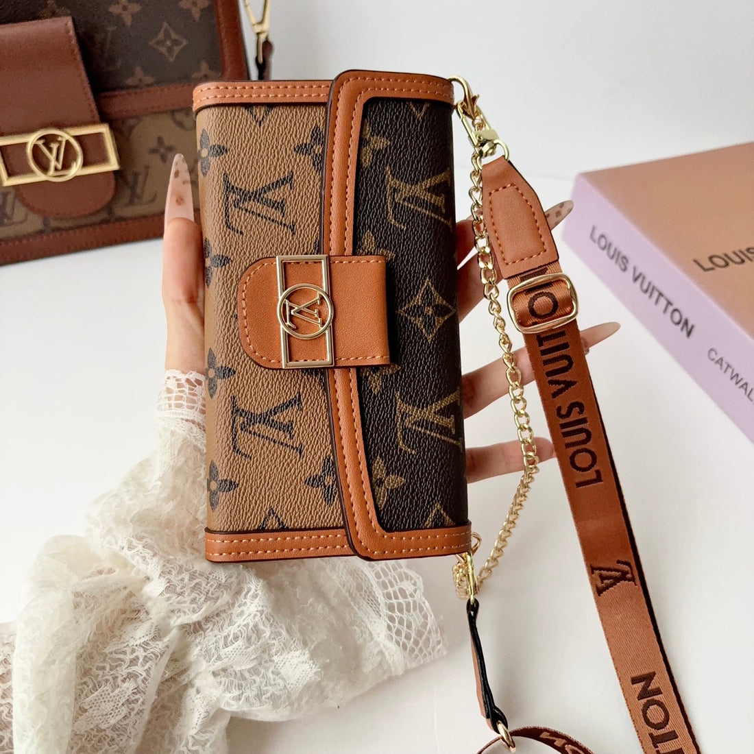 Luxury Leather Monogram iPhone Case With Flip Wallet And Crossbody Strap-CYLV193