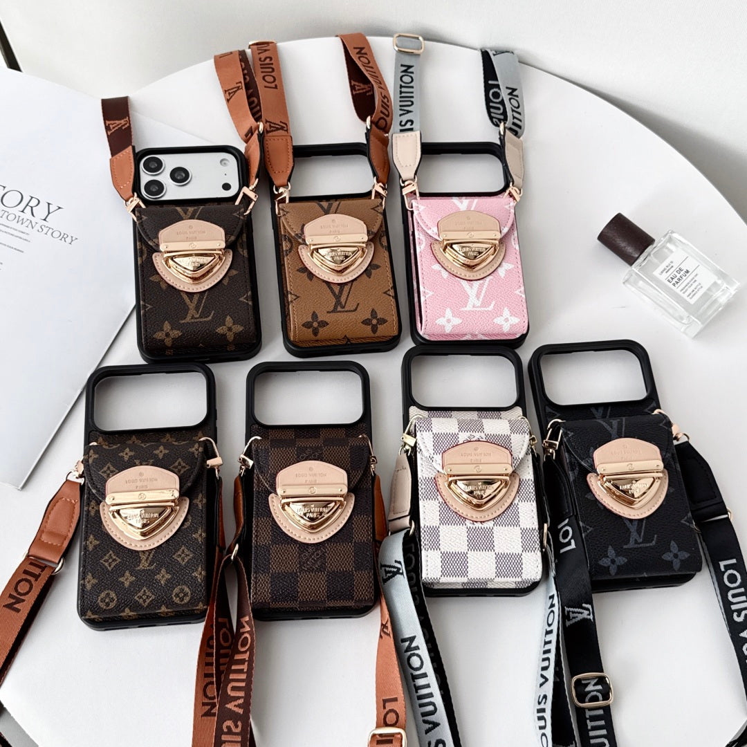 Leather Monogram iPhone Case With Card Holder And Crossbody Strap For iPhone 17 Series-CYLV216