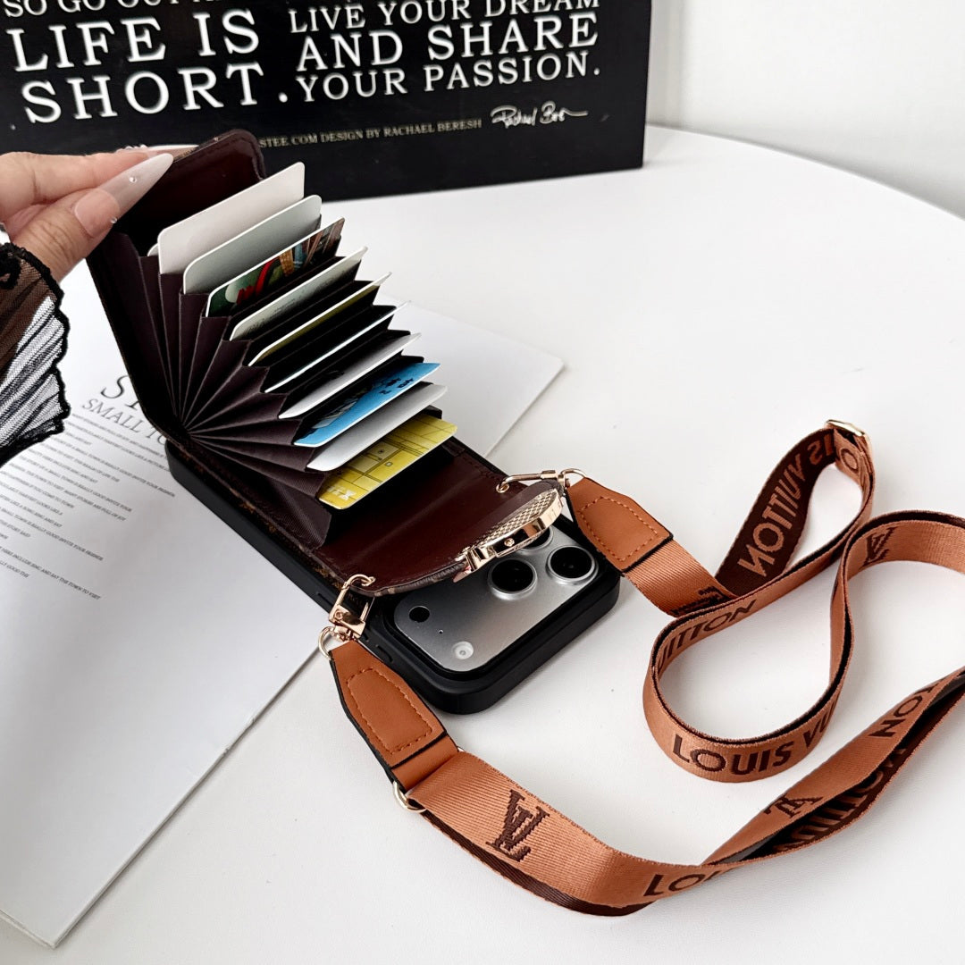 Leather Monogram iPhone Case With Card Holder And Crossbody Strap For iPhone 17 Series-CYLV216