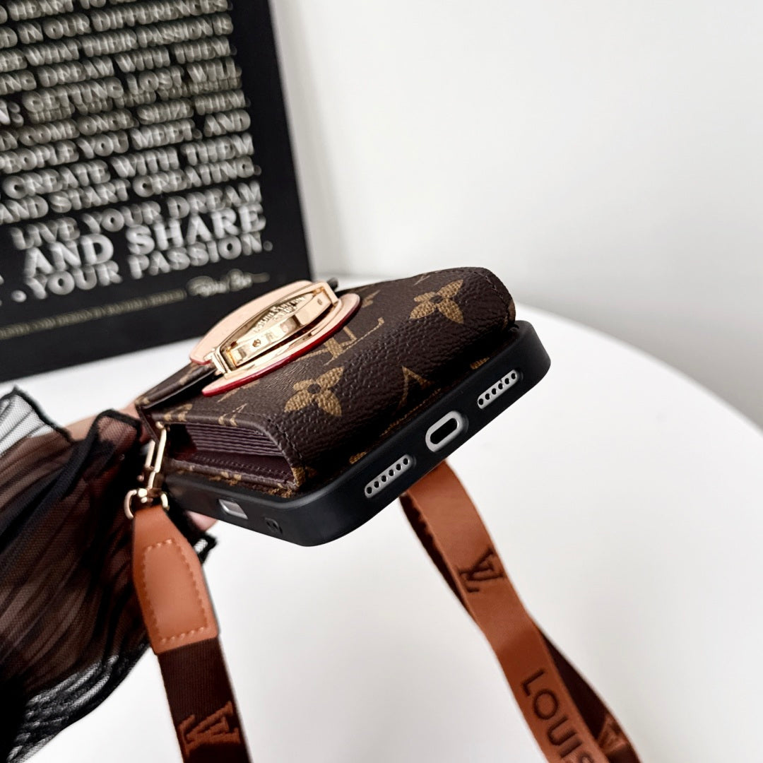 Leather Monogram iPhone Case With Card Holder And Crossbody Strap For iPhone 17 Series-CYLV216