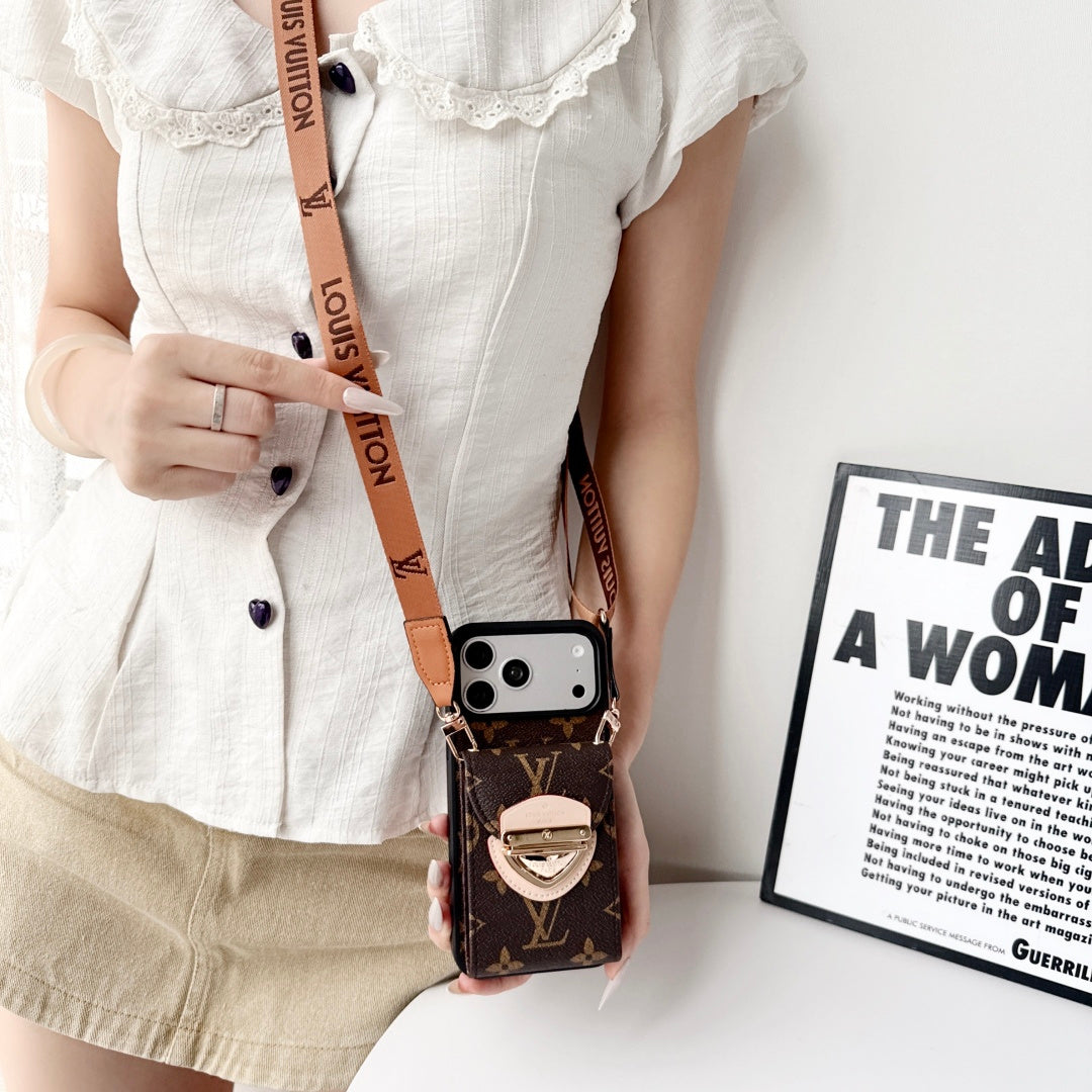 Leather Monogram iPhone Case With Card Holder And Crossbody Strap For iPhone 17 Series-CYLV216