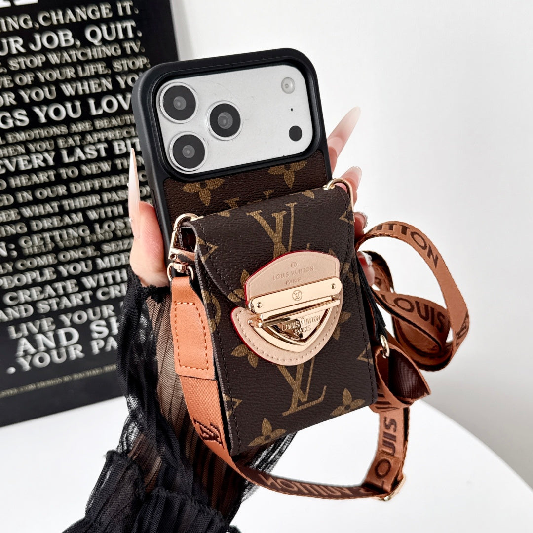 Leather Monogram iPhone Case With Card Holder And Crossbody Strap For iPhone 17 Series-CYLV216