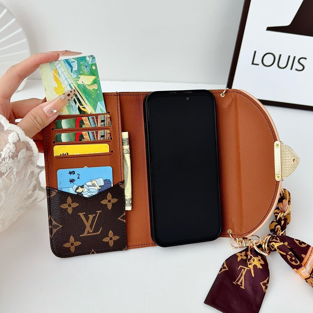 Premium Leather Monogram iPhone Case With Flip Wallet And Crossbody Strap-CYLV222