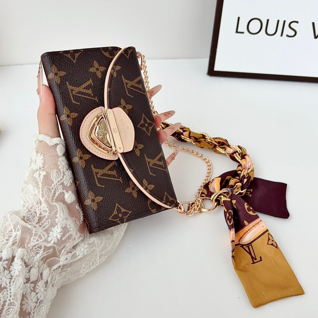 Premium Leather Monogram iPhone Case With Flip Wallet And Crossbody Strap-CYLV222