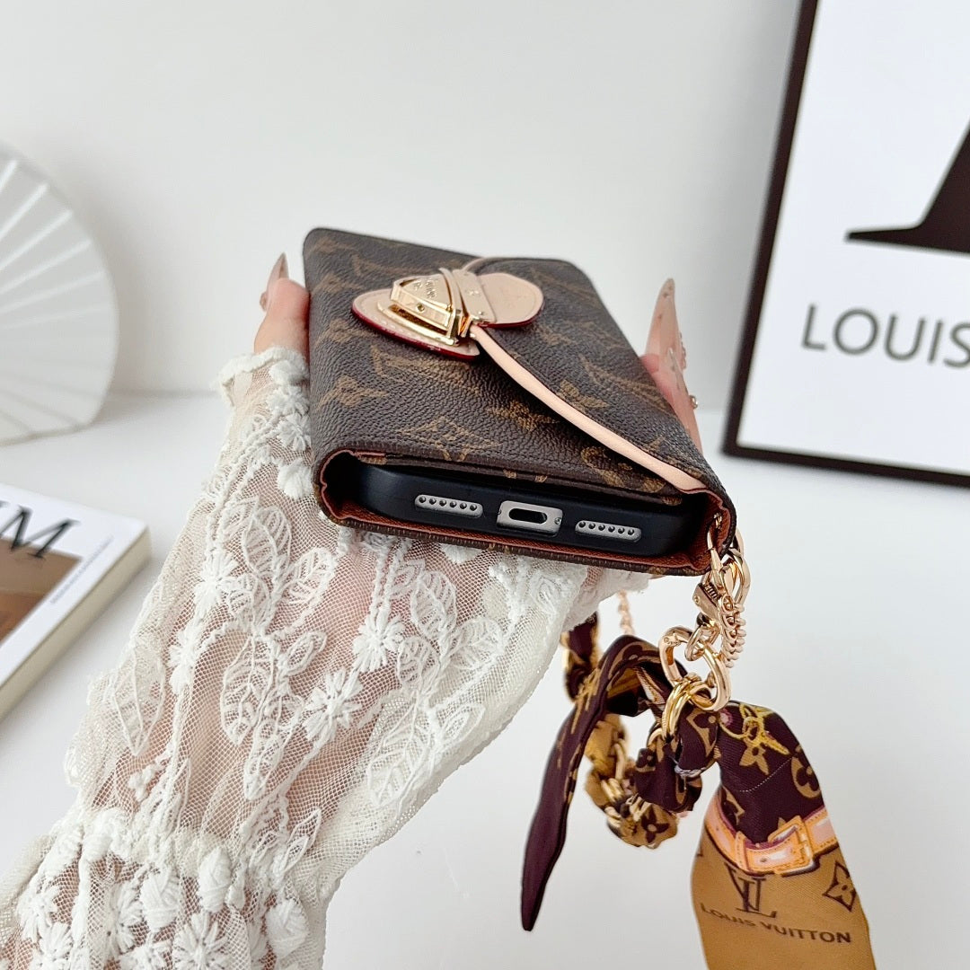 Premium Leather Monogram iPhone Case With Flip Wallet And Crossbody Strap-CYLV222