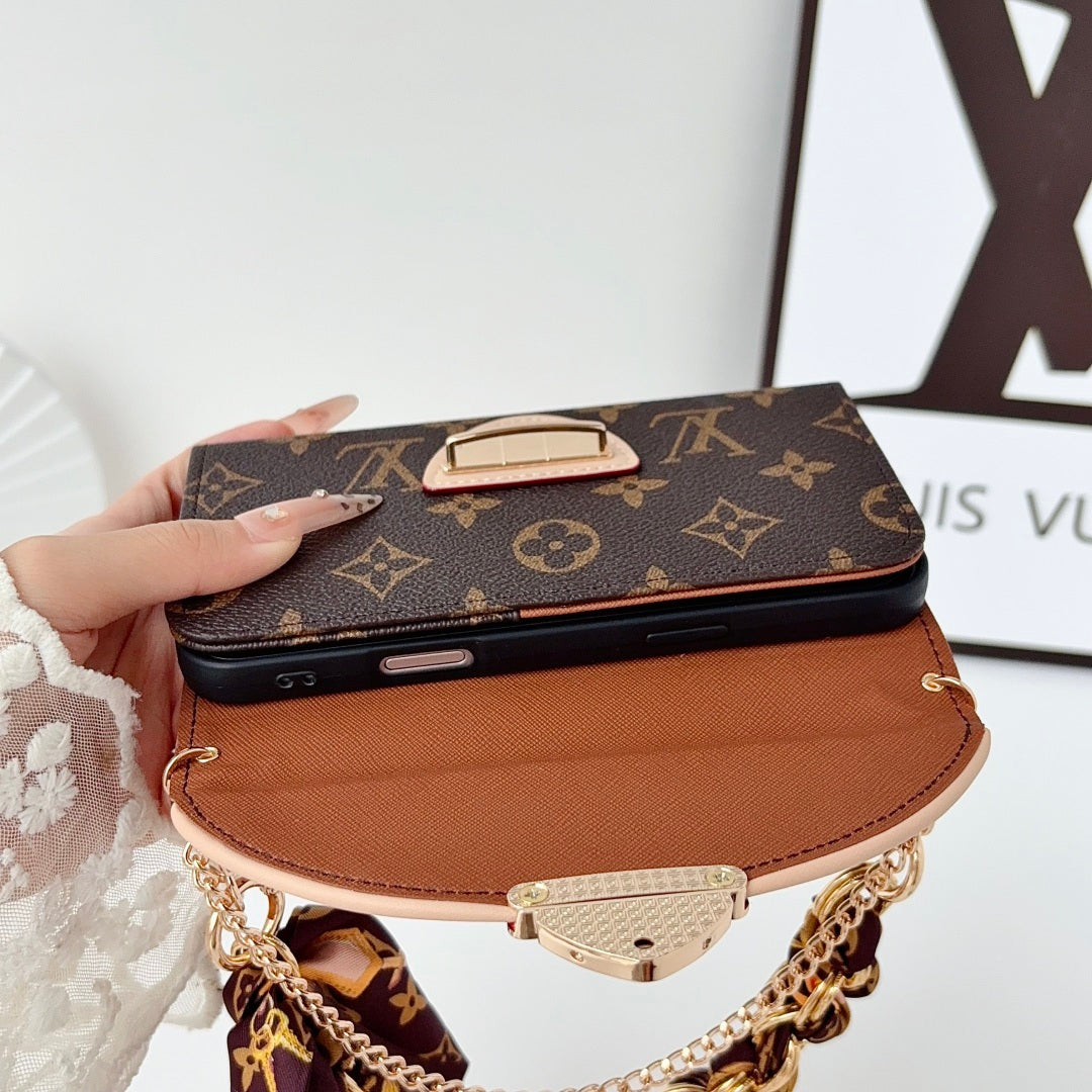 Premium Leather Monogram iPhone Case With Flip Wallet And Crossbody Strap-CYLV222