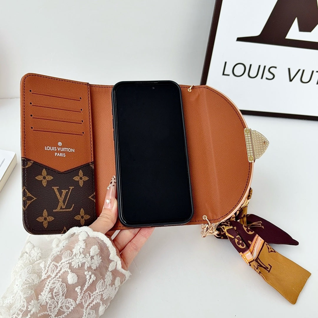 Premium Leather Monogram iPhone Case With Flip Wallet And Crossbody Strap-CYLV222