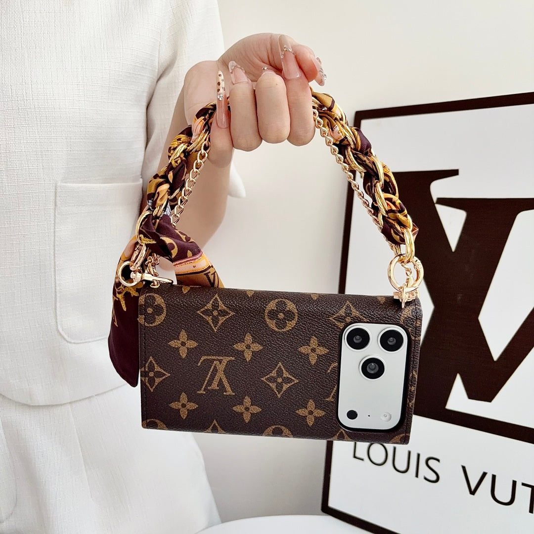 Premium Leather Monogram iPhone Case With Flip Wallet And Crossbody Strap-CYLV222