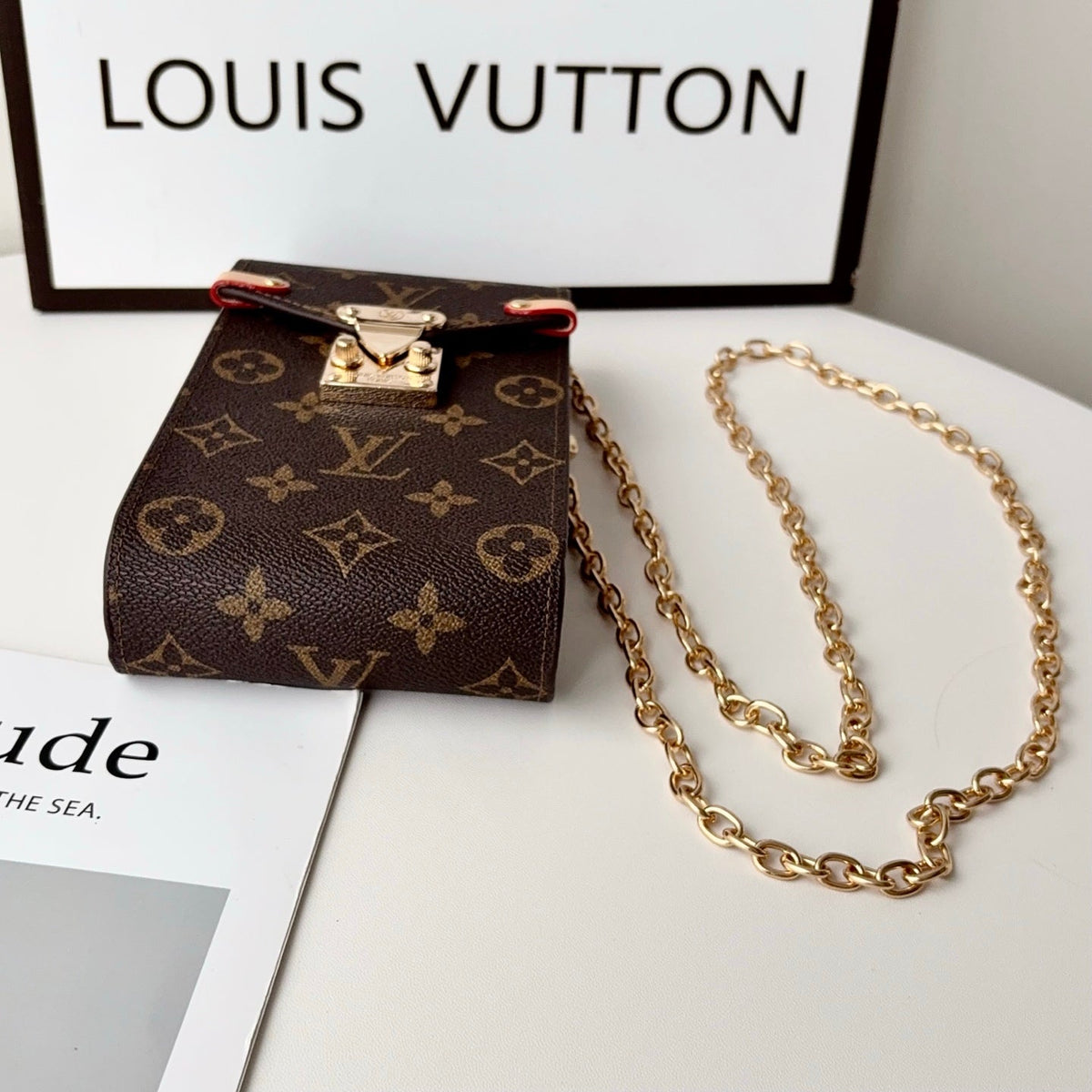 Luxury Leather Monogram Phone Pouch with Gold Chain Strap-CYLV228