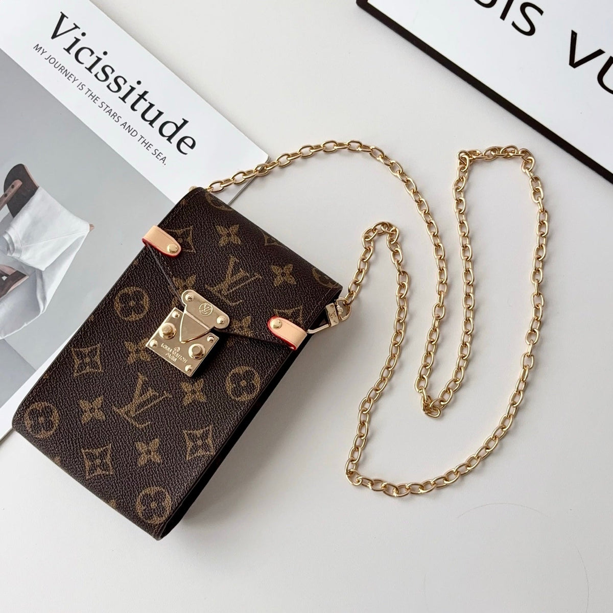 Luxury Leather Monogram Phone Pouch with Gold Chain Strap-CYLV228