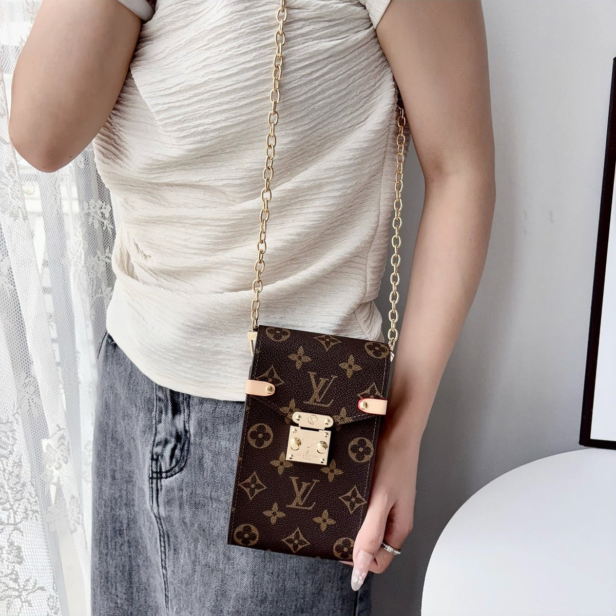 Luxury Leather Monogram Phone Pouch with Gold Chain Strap-CYLV228
