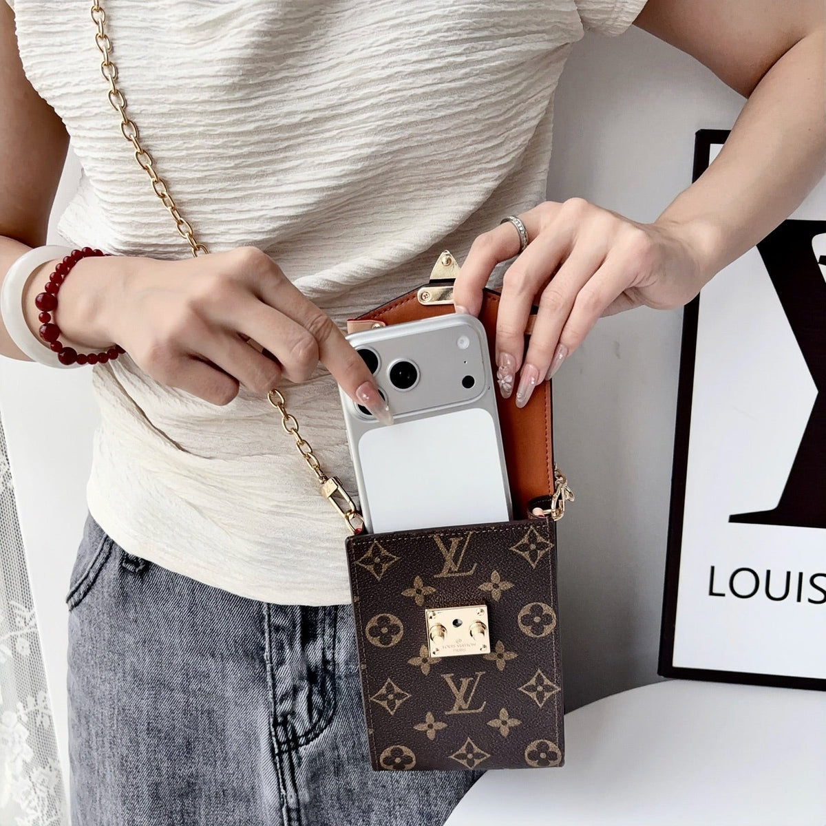 Luxury Leather Monogram Phone Pouch with Gold Chain Strap-CYLV228