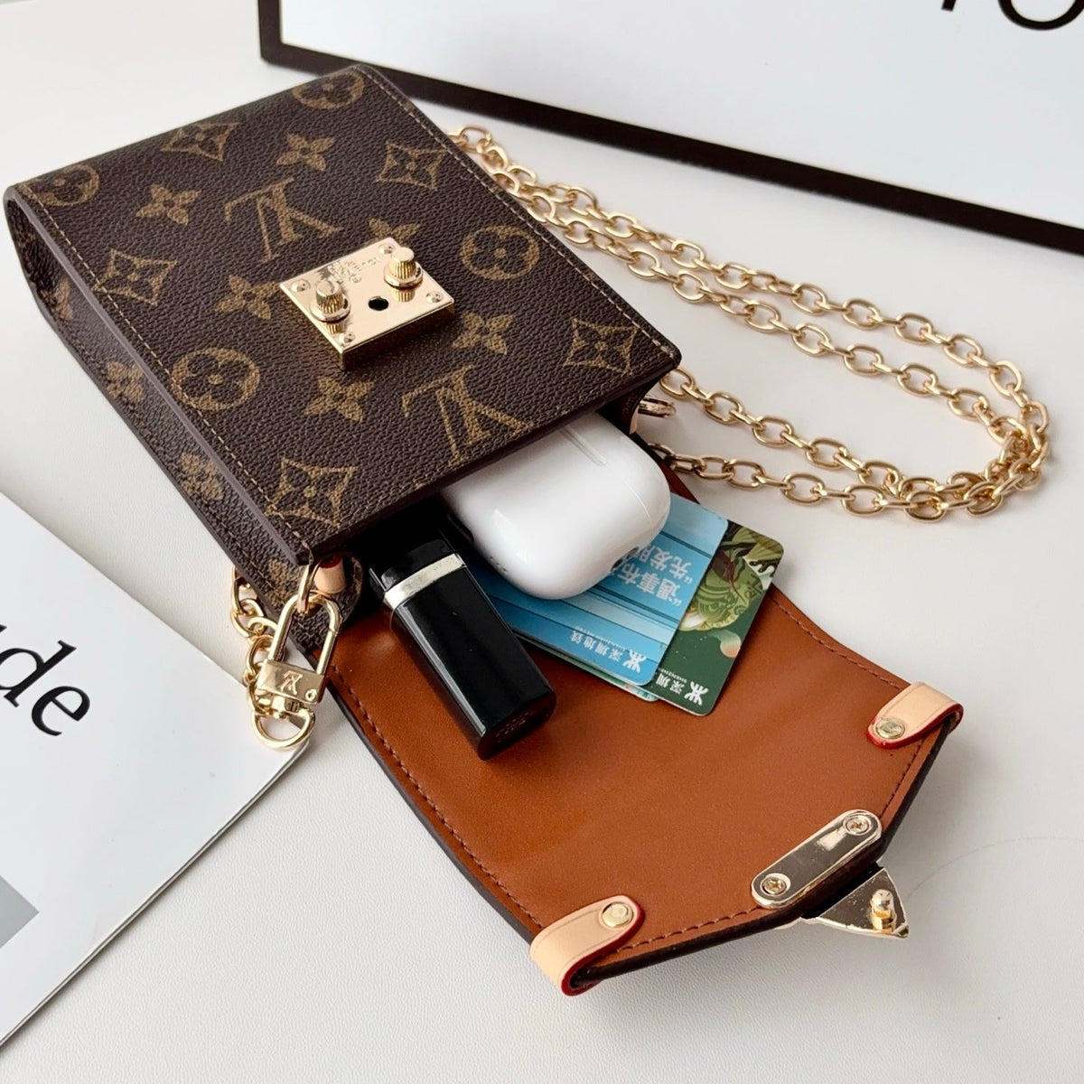 Luxury Leather Monogram Phone Pouch with Gold Chain Strap-CYLV228