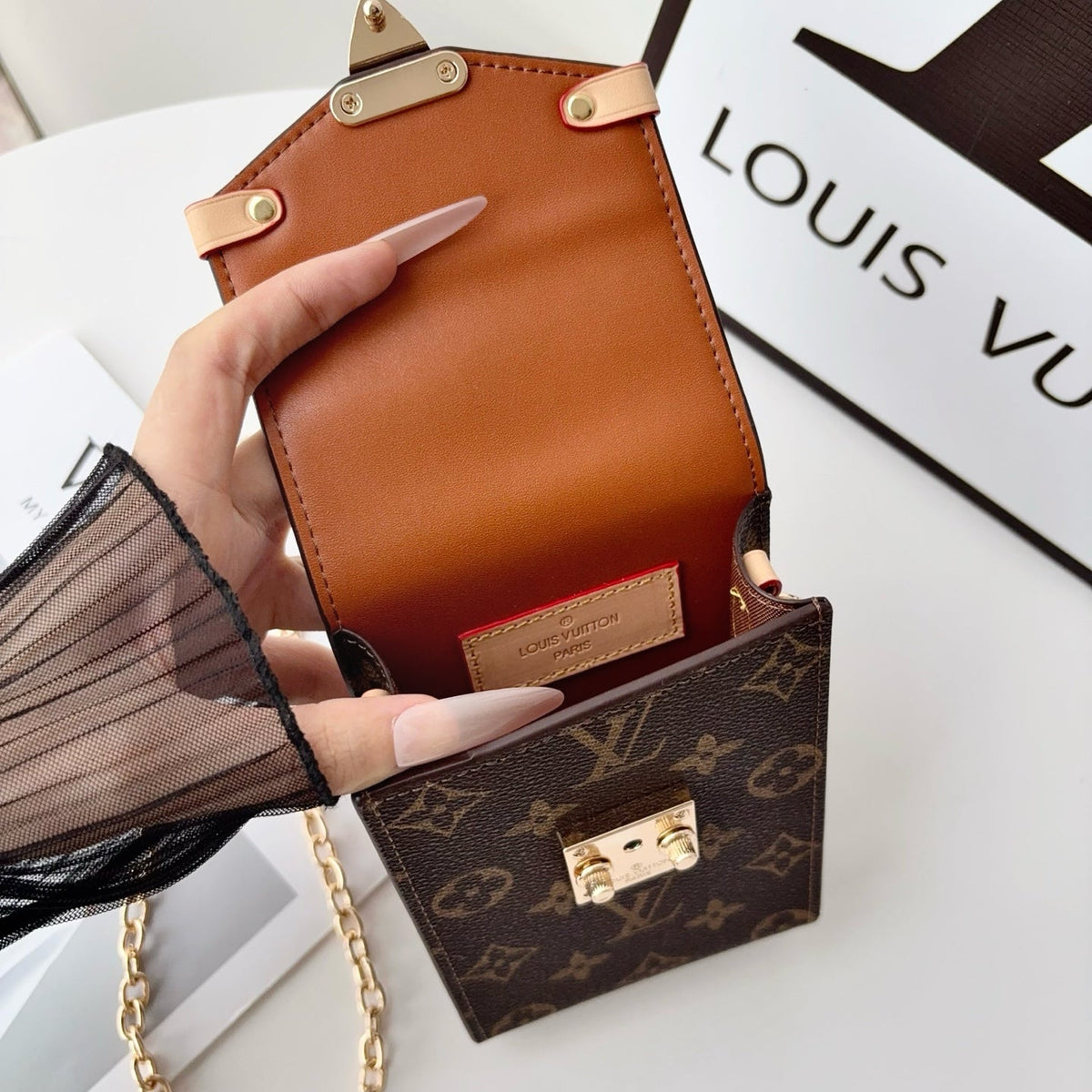 Luxury Leather Monogram Phone Pouch with Gold Chain Strap-CYLV228