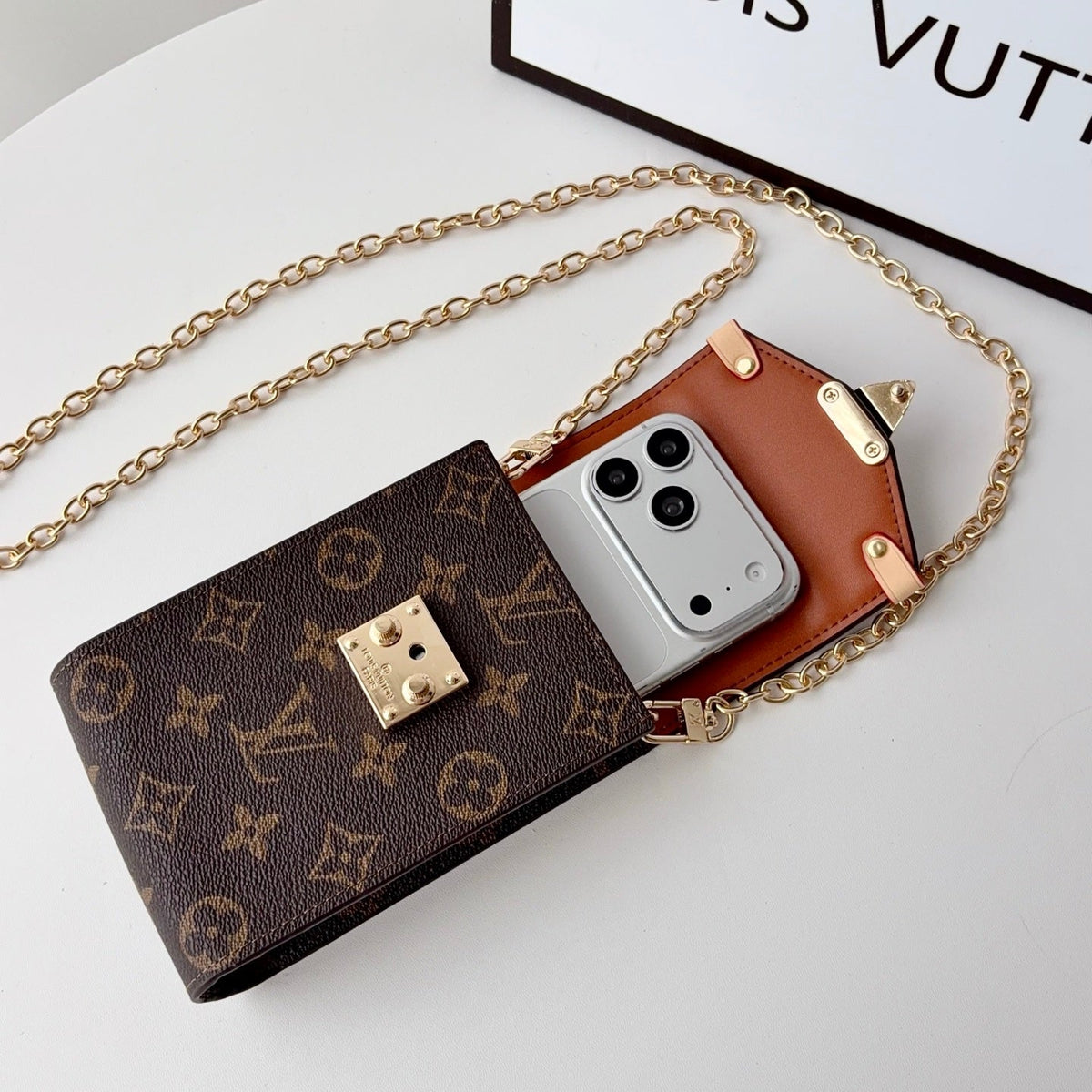 Luxury Leather Monogram Phone Pouch with Gold Chain Strap-CYLV228