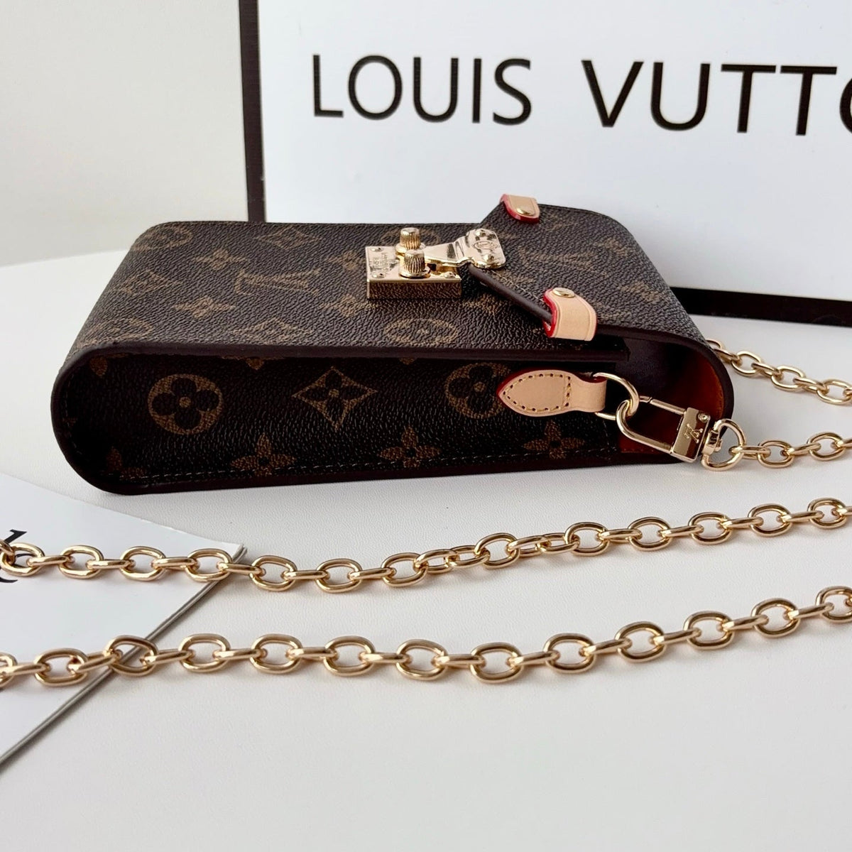Luxury Leather Monogram Phone Pouch with Gold Chain Strap-CYLV228